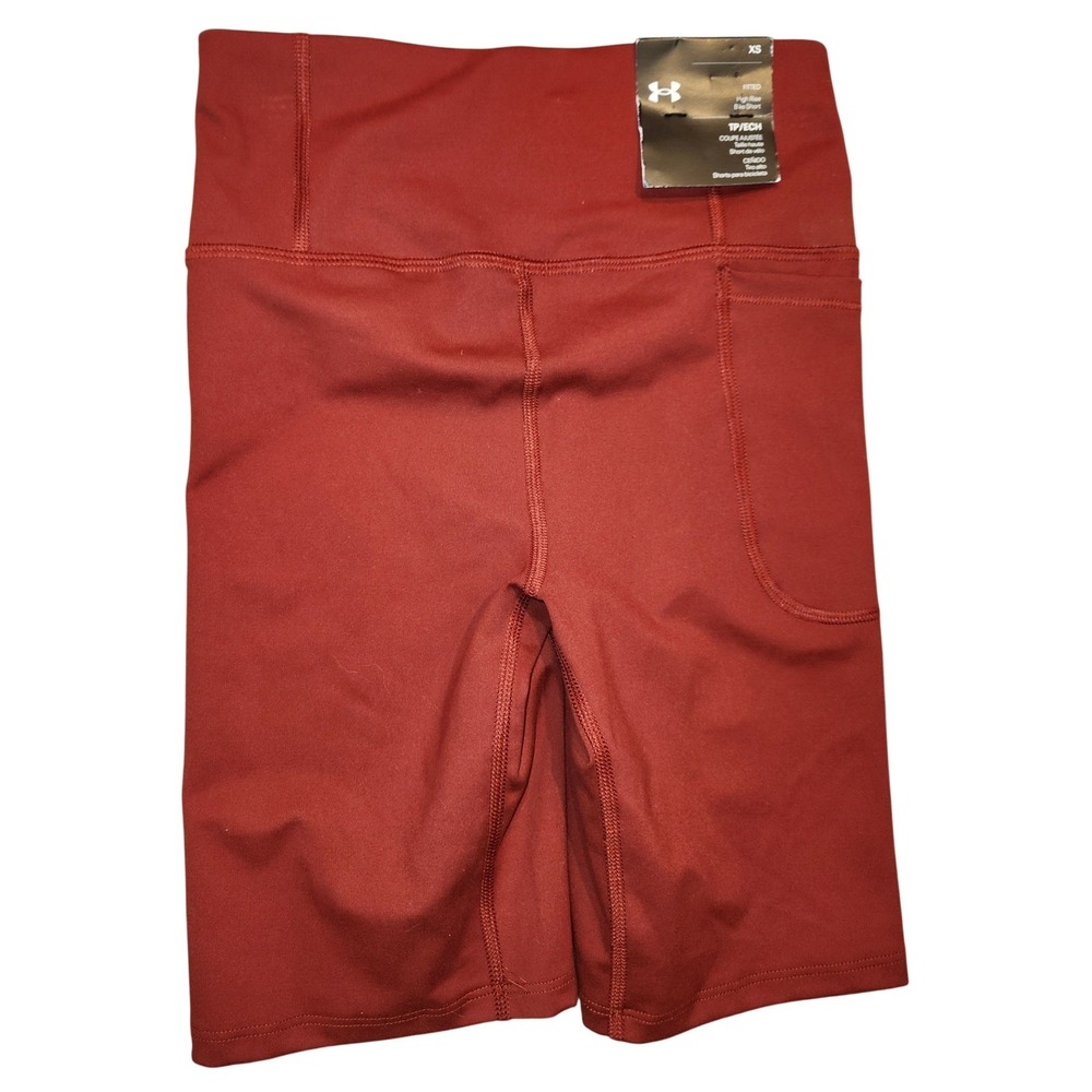 Under Armour NEW Womens High Rise Bike Shorts Dark Red Fitted Side Pocket XS - Picture 3 of 6